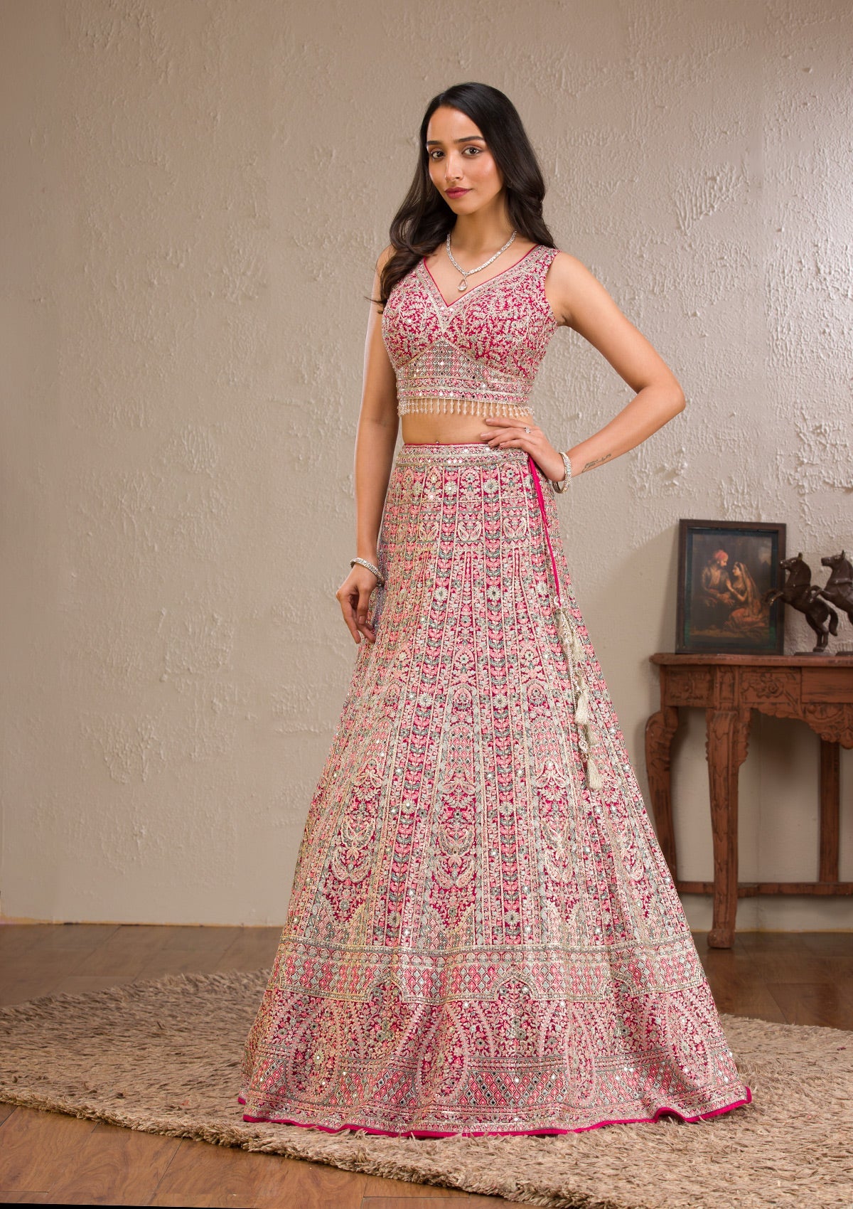 Rani Pink Zariwork Tissue Readymade Lehenga-Koskii