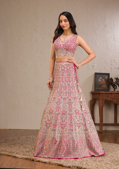 Rani Pink Zariwork Tissue Readymade Lehenga-Koskii