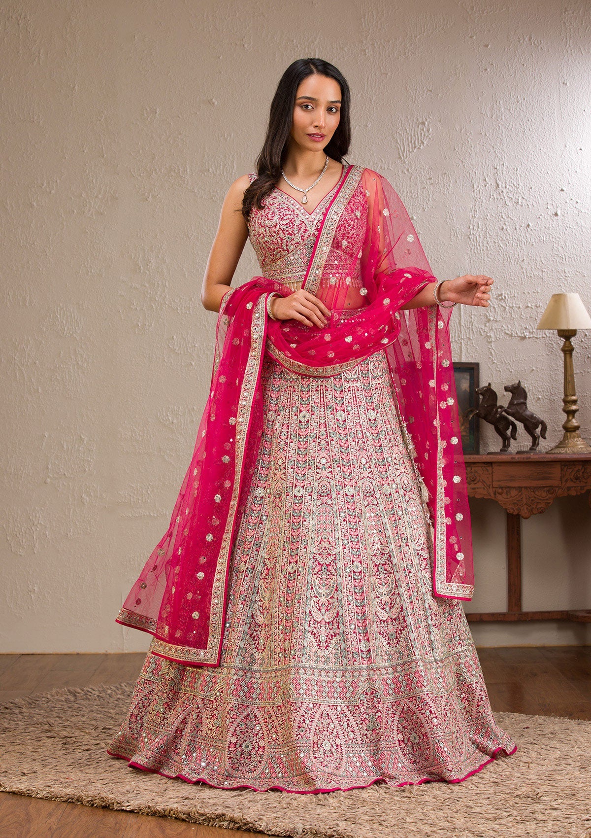 Rani Pink Zariwork Tissue Readymade Lehenga-Koskii