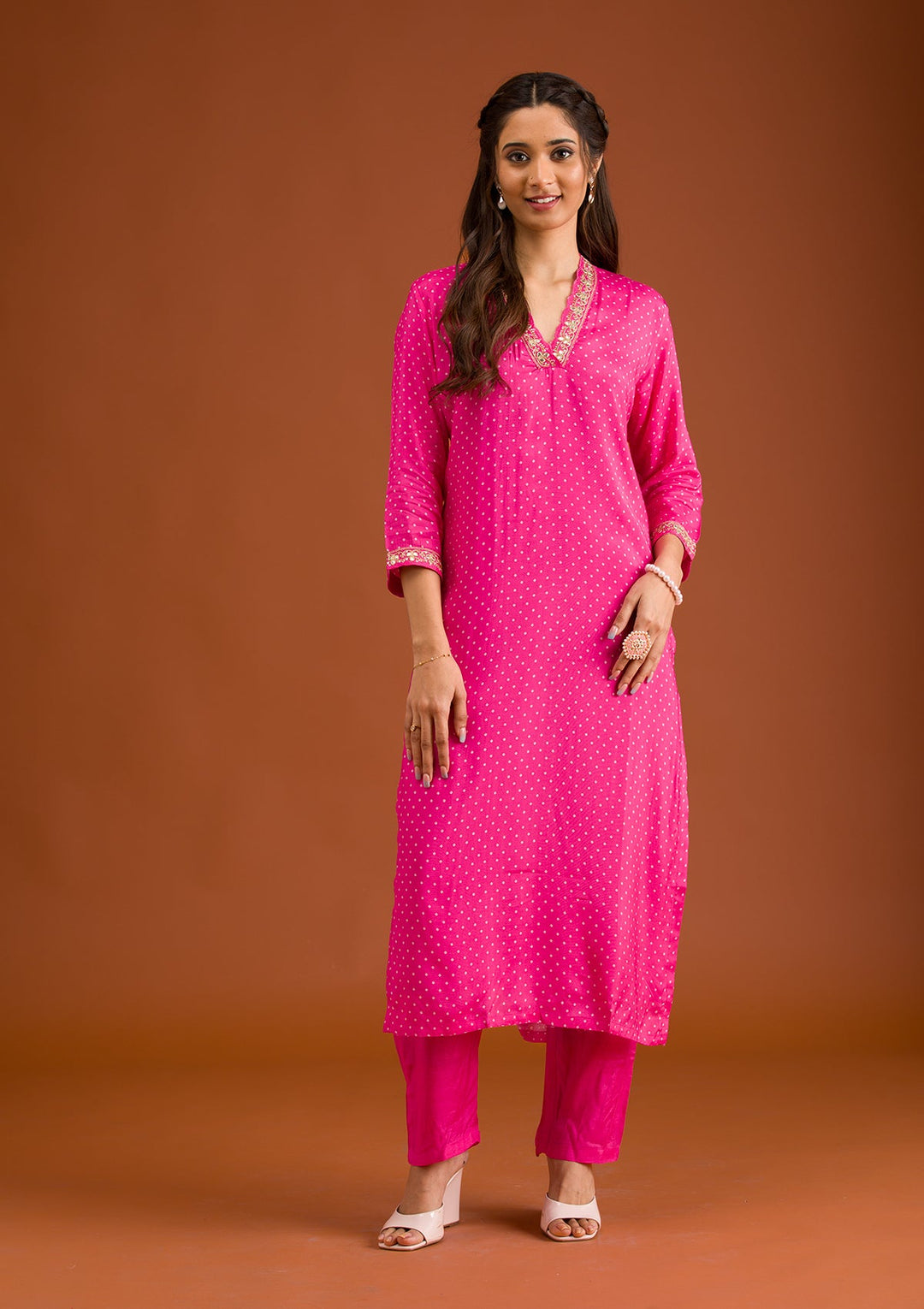 Rani Pink Zariwork Tissue Readymade Salwar Suit-Koskii