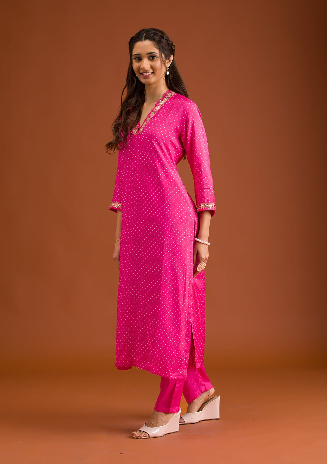 Rani Pink Zariwork Tissue Readymade Salwar Suit-Koskii