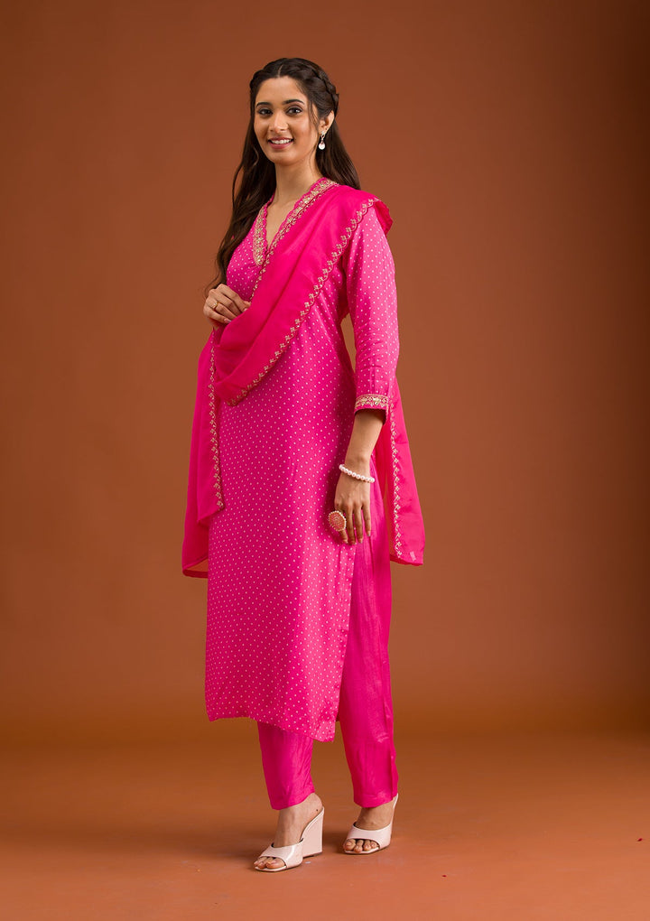 Rani Pink Zariwork Tissue Readymade Salwar Suit-Koskii