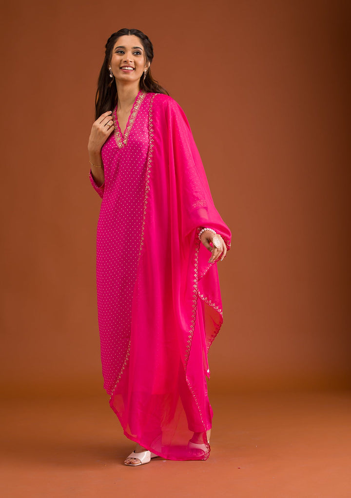 Rani Pink Zariwork Tissue Readymade Salwar Suit-Koskii