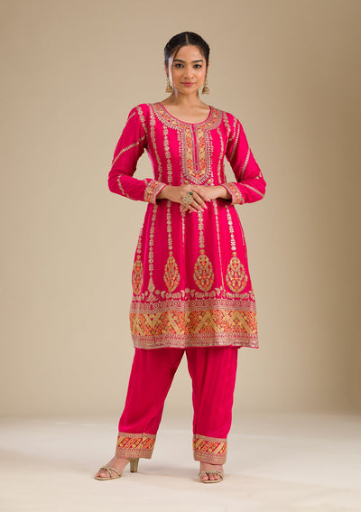 Rani Pink Zariwork Tissue Readymade Salwar Suit-Koskii