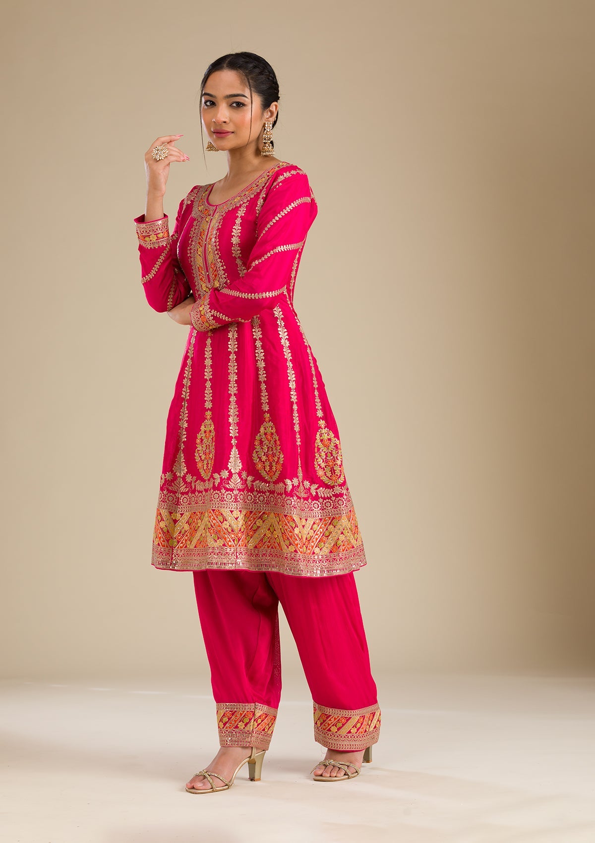 Rani Pink Zariwork Tissue Readymade Salwar Suit-Koskii