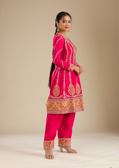 Rani Pink Zariwork Tissue Readymade Salwar Suit-Koskii