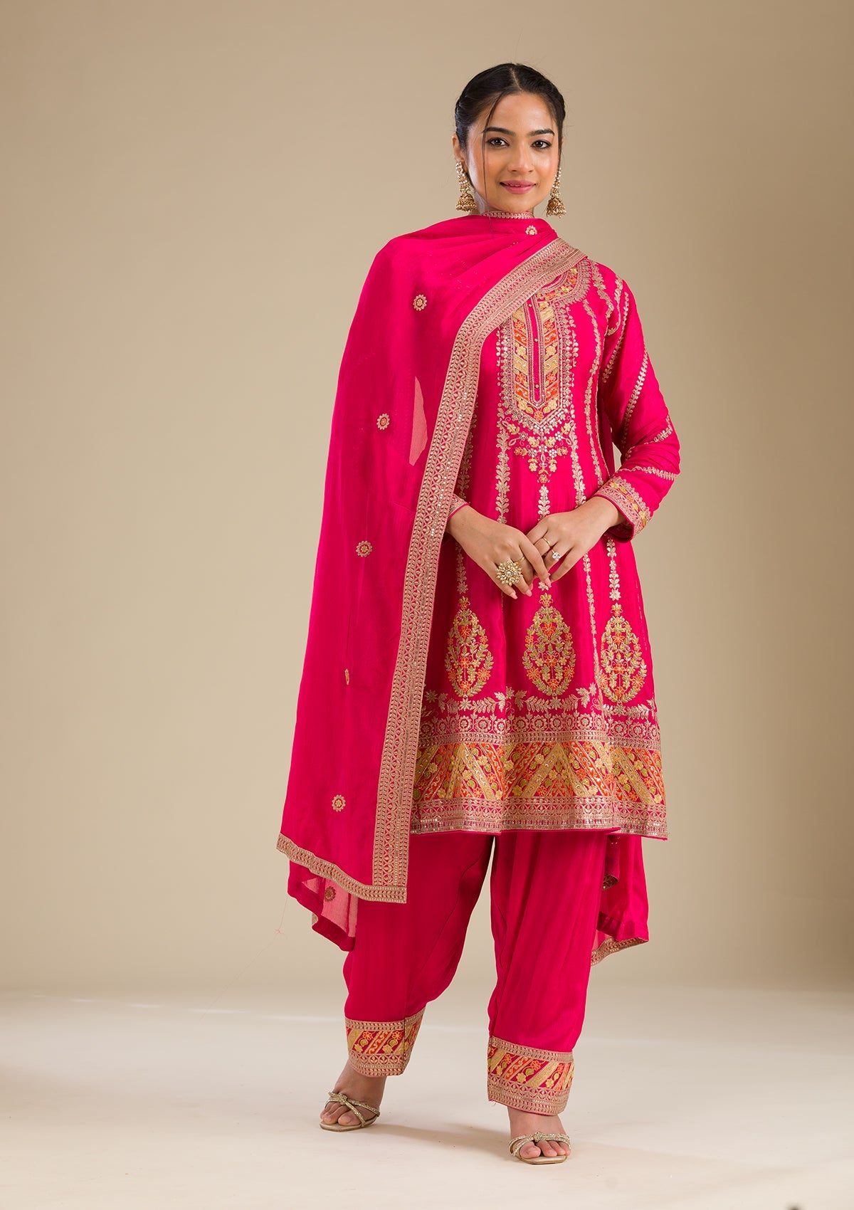 Rani Pink Zariwork Tissue Readymade Salwar Suit-Koskii