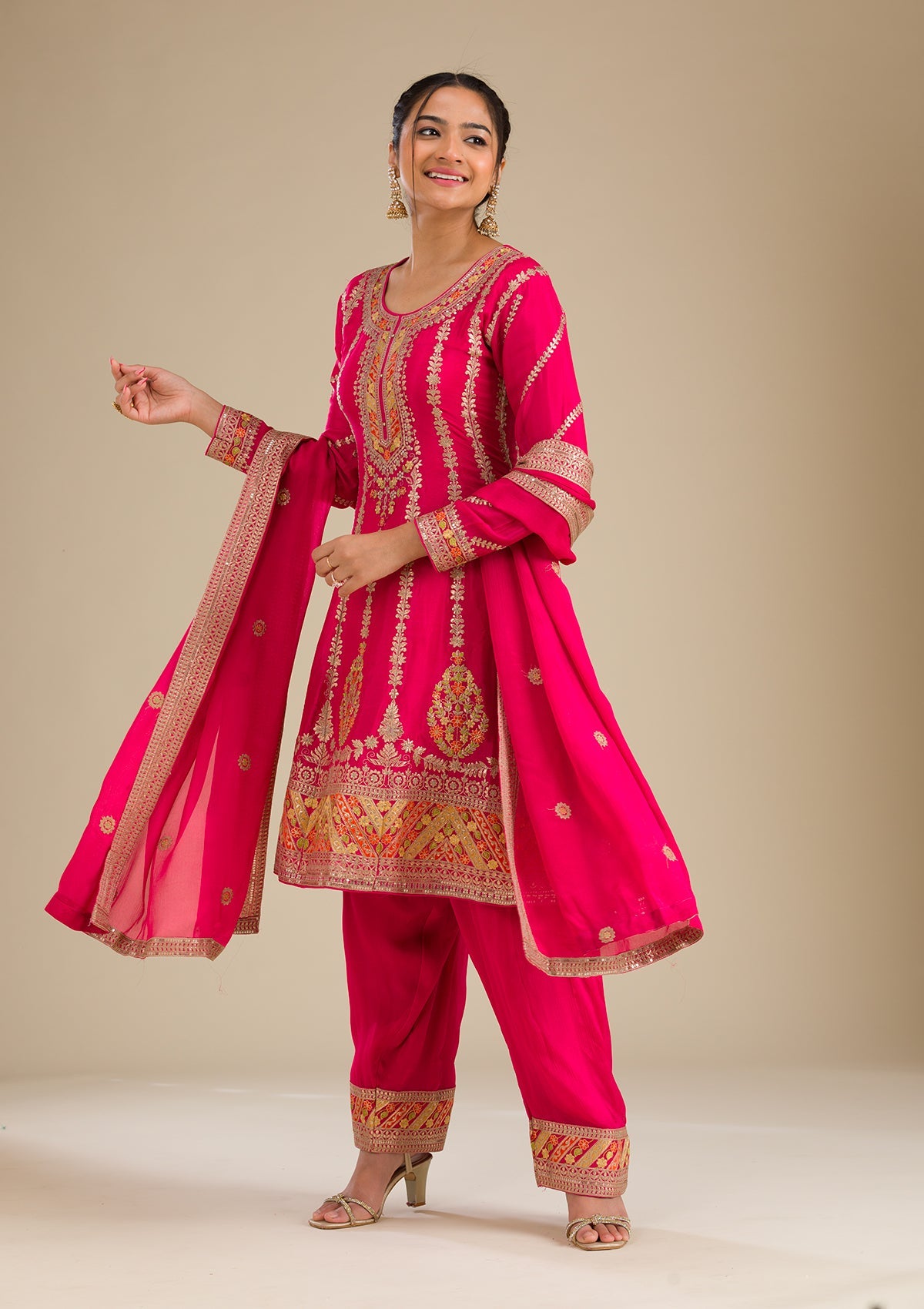 Rani Pink Zariwork Tissue Readymade Salwar Suit-Koskii