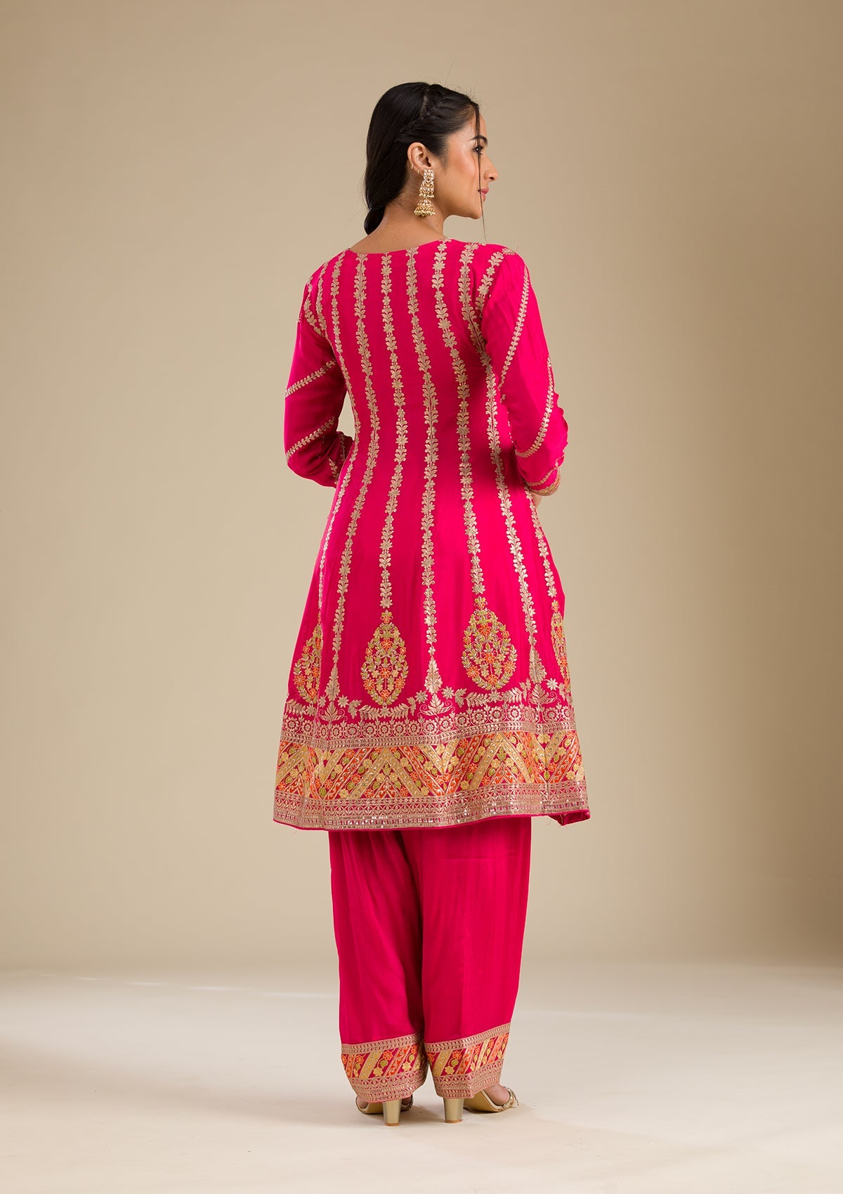 Rani Pink Zariwork Tissue Readymade Salwar Suit-Koskii