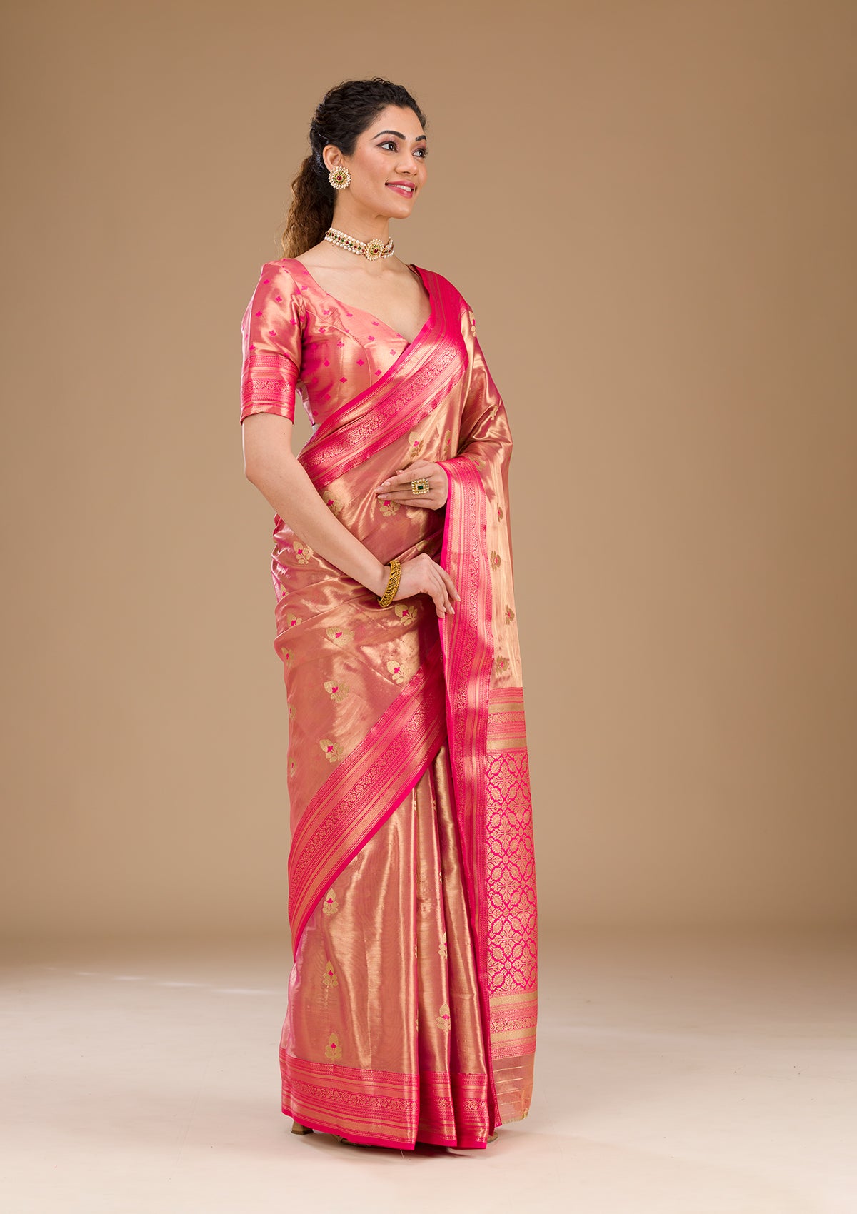 Rani Pink Zariwork Tissue Saree