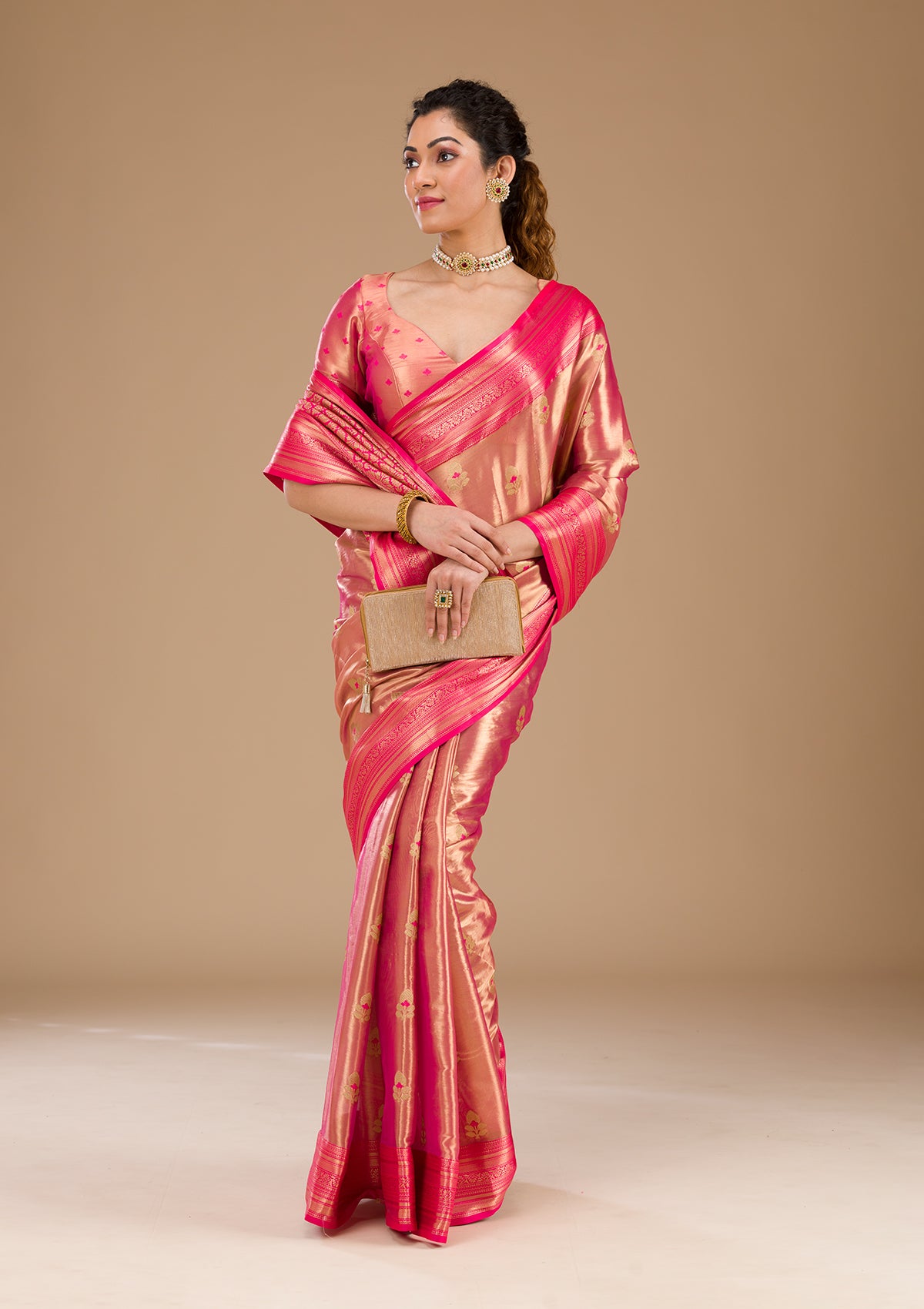 Rani Pink Zariwork Tissue Saree