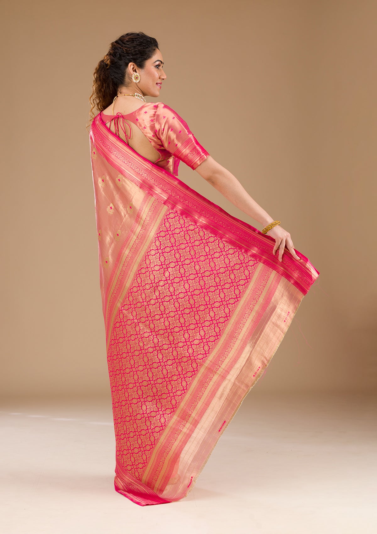 Rani Pink Zariwork Tissue Saree