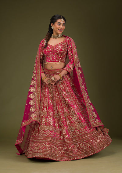 Rani Pink Zariwork Velvet Readymade Lehenga-Koskii