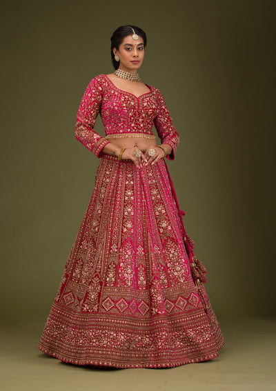 Rani Pink Zariwork Velvet Readymade Lehenga-Koskii