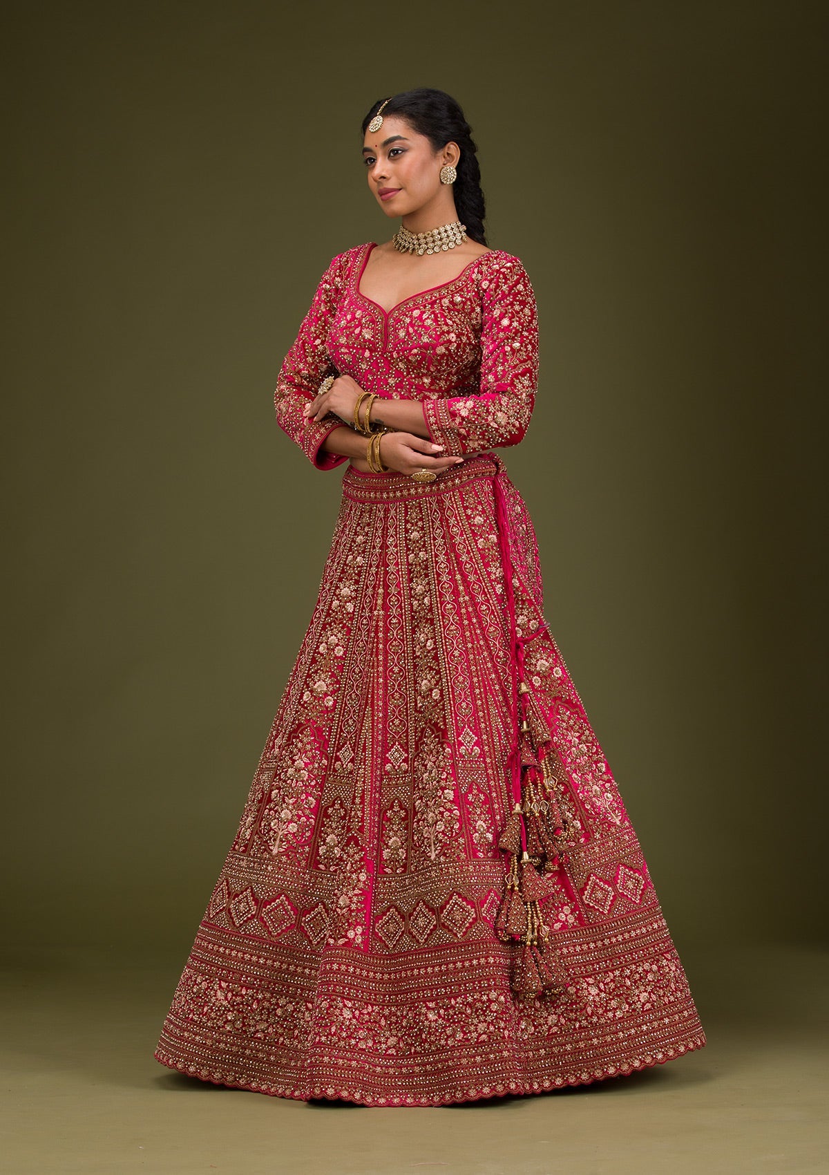 Rani Pink Zariwork Velvet Readymade Lehenga-Koskii