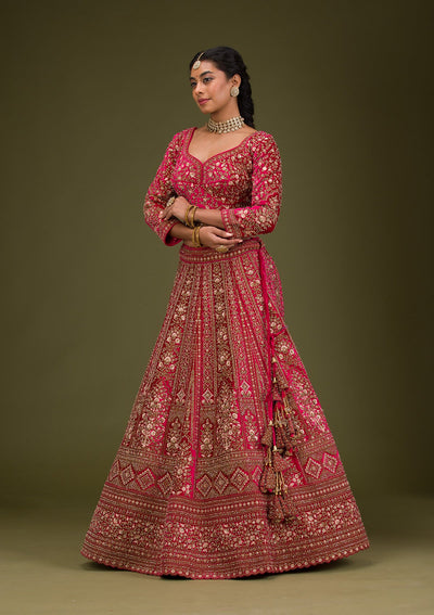 Rani Pink Zariwork Velvet Readymade Lehenga-Koskii