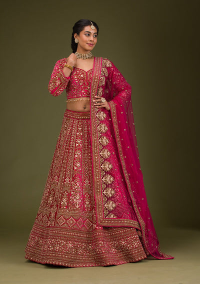 Rani Pink Zariwork Velvet Readymade Lehenga-Koskii