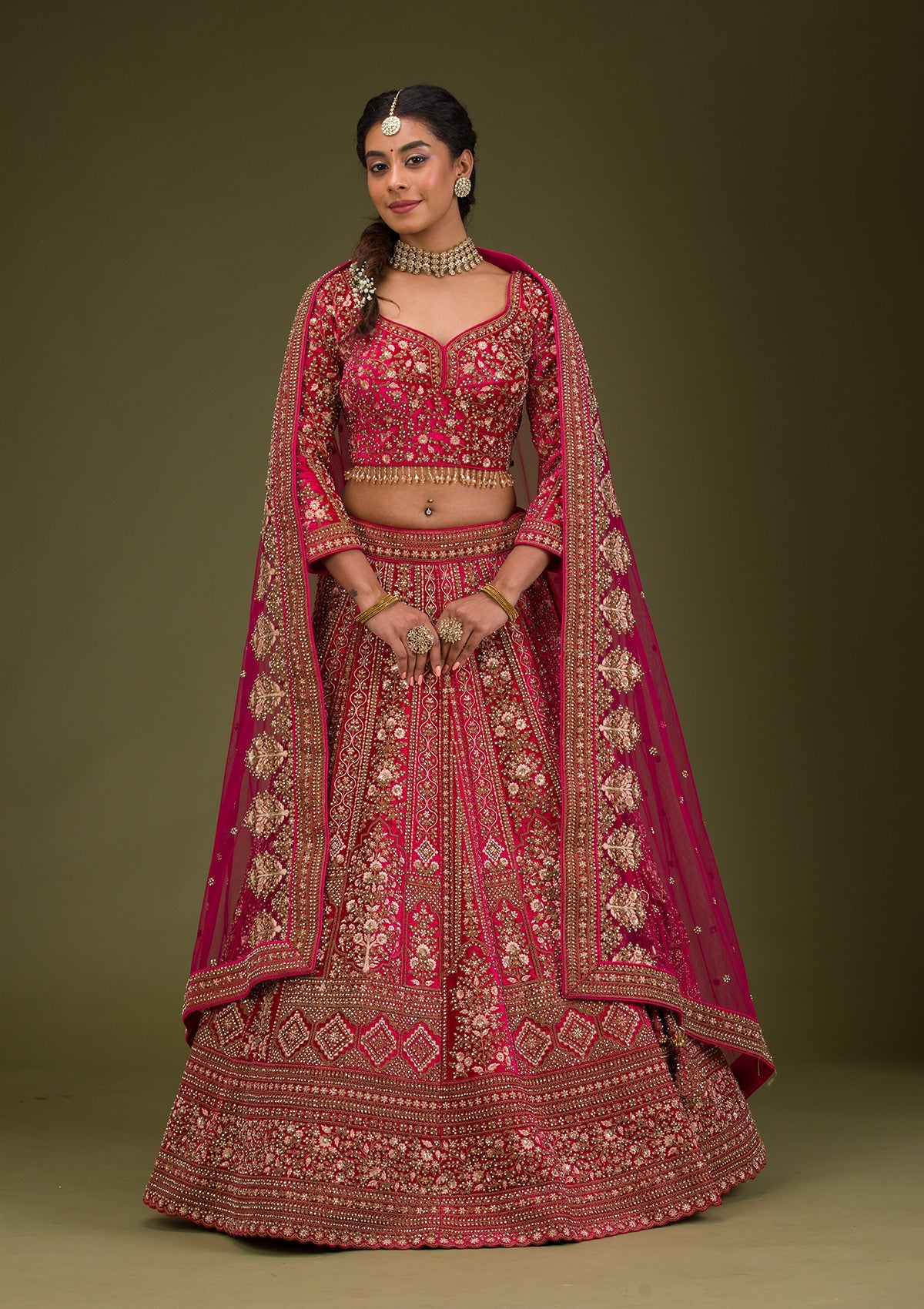 Rani Pink Zariwork Velvet Readymade Lehenga-Koskii