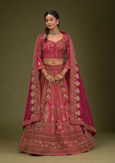 Rani Pink Zariwork Velvet Readymade Lehenga-Koskii