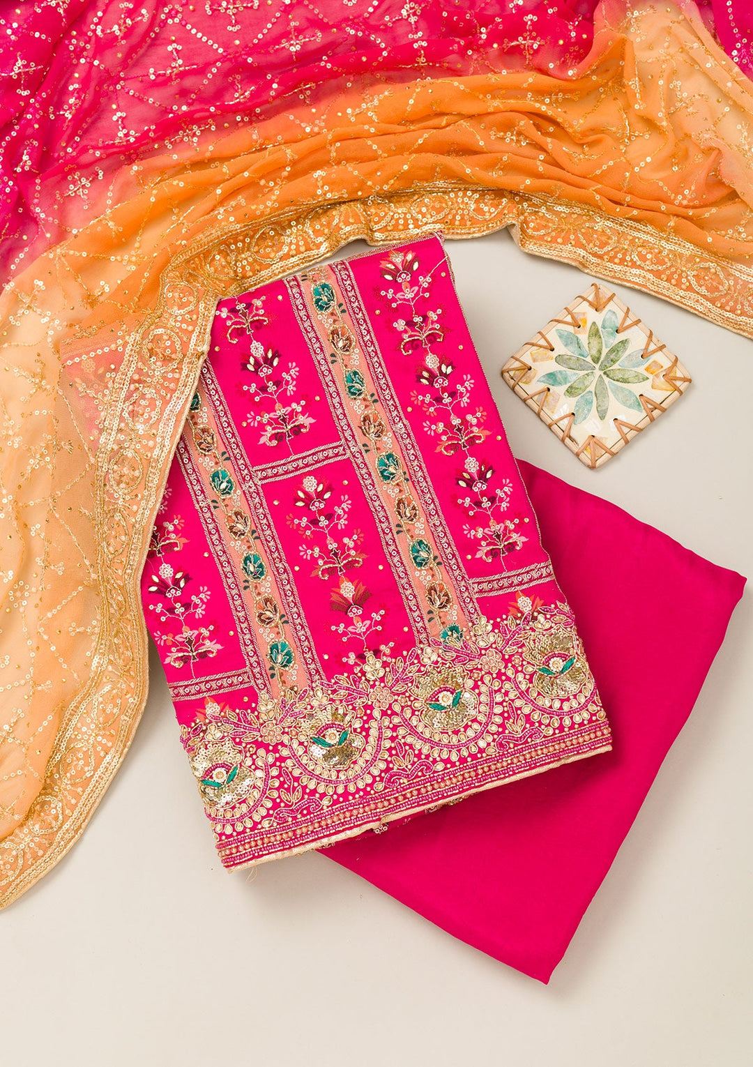 Red Cutdana Chiffon Unstitched Salwar Suit-Koskii