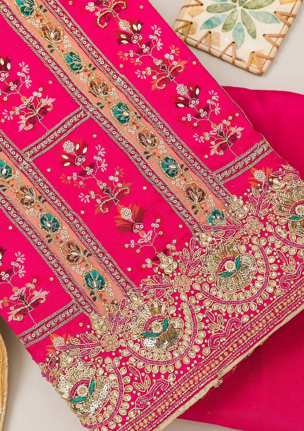 Red Cutdana Chiffon Unstitched Salwar Suit-Koskii