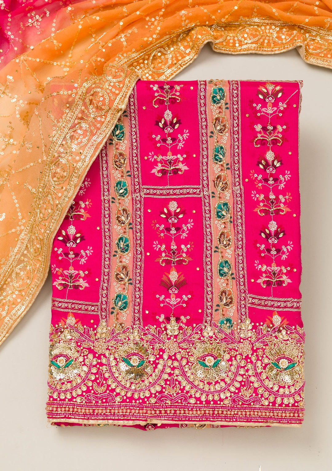 Red Cutdana Chiffon Unstitched Salwar Suit-Koskii