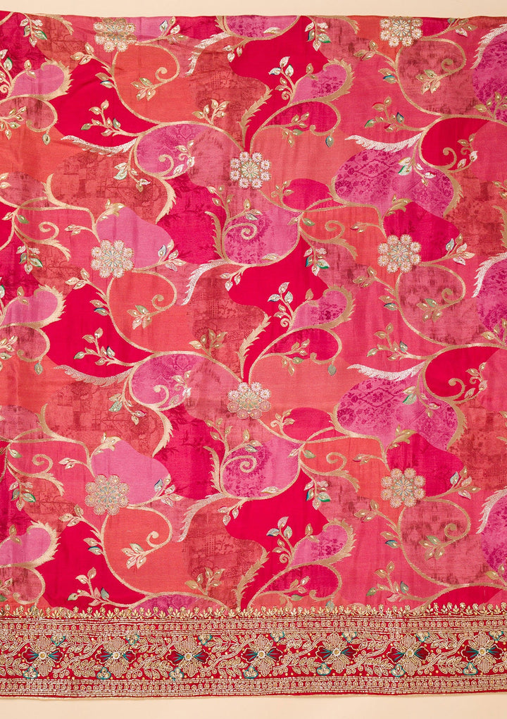 Red Cutdana Crepe Unstitched Salwar Suit-Koskii