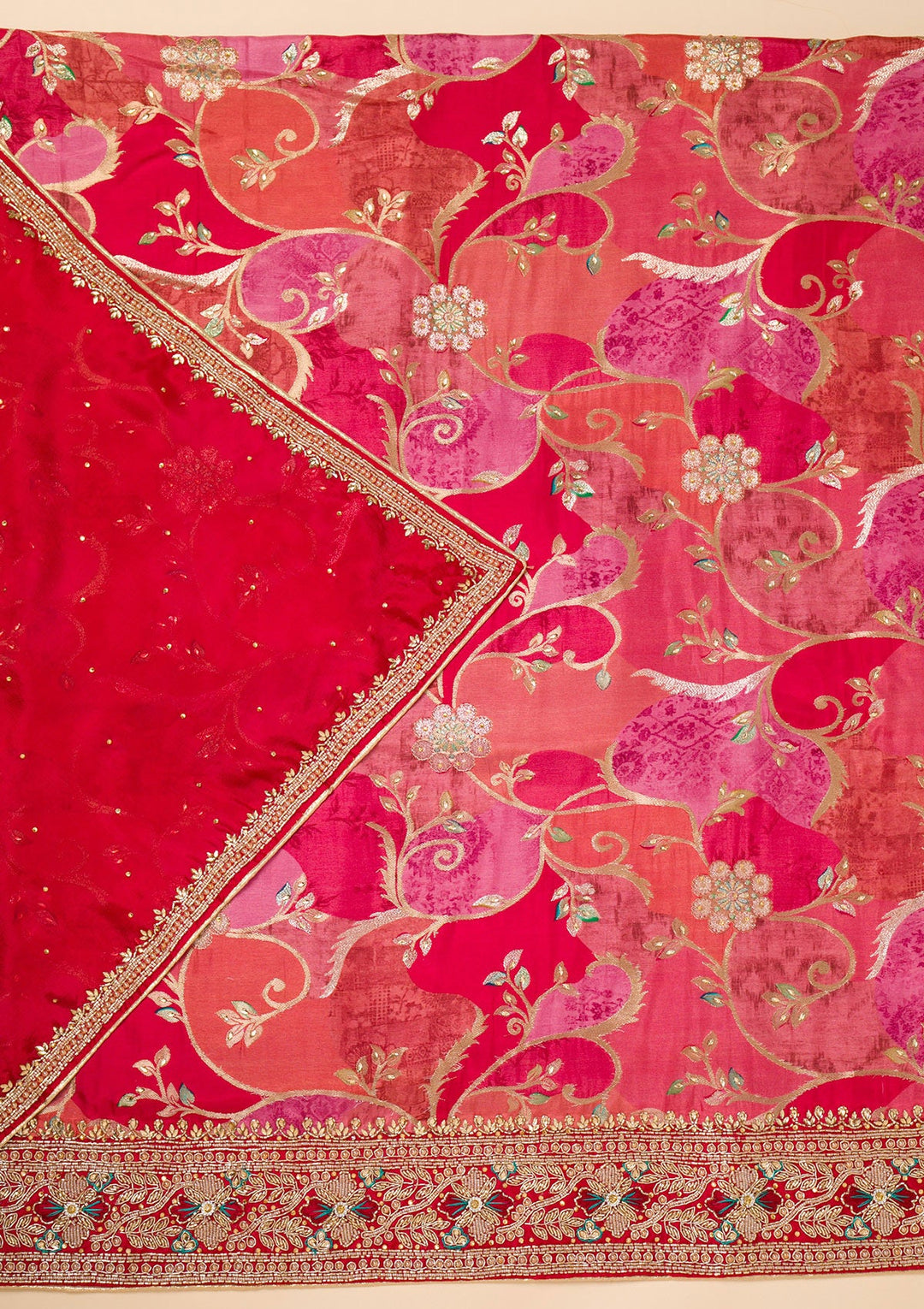 Red Cutdana Crepe Unstitched Salwar Suit-Koskii