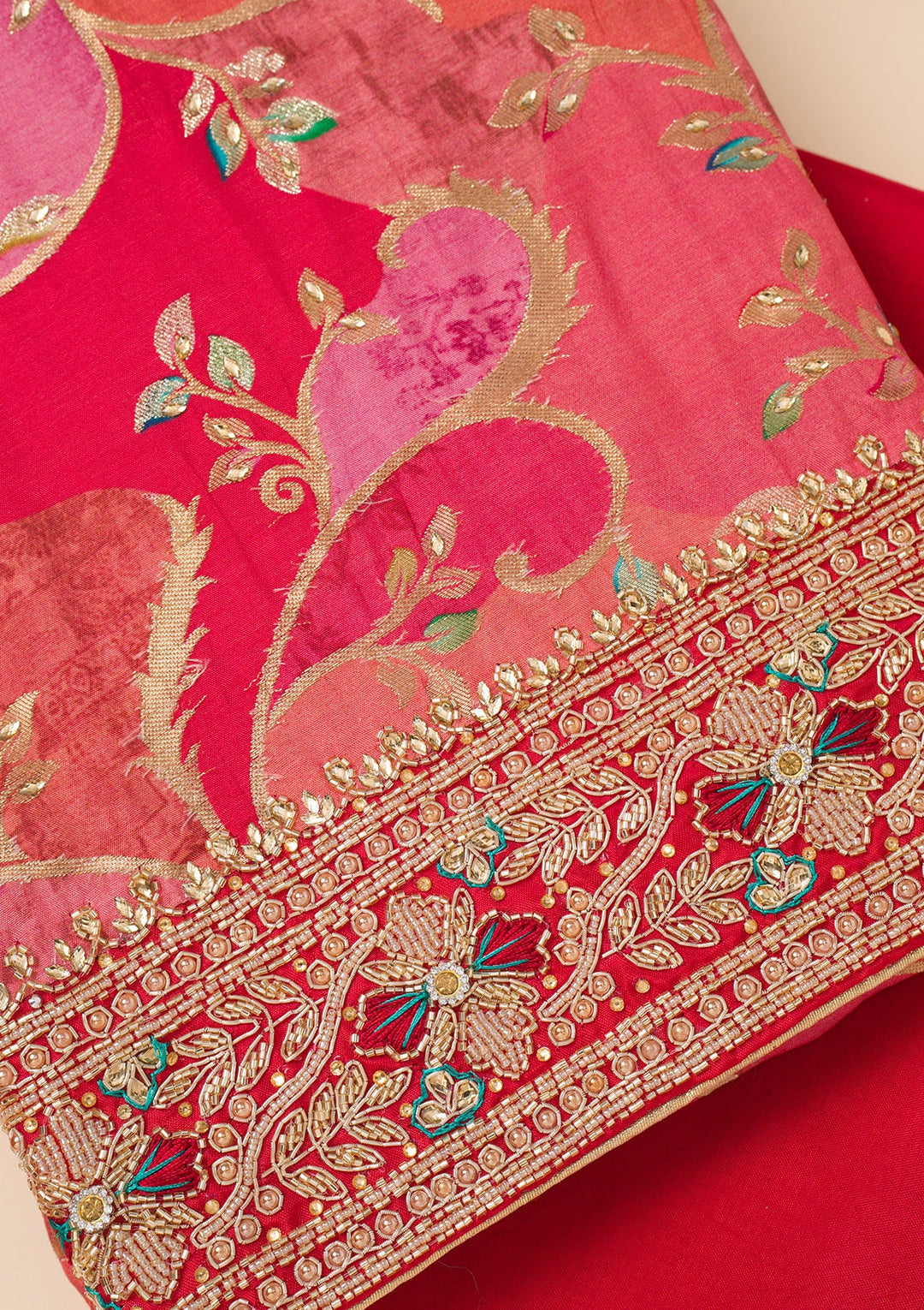 Red Cutdana Crepe Unstitched Salwar Suit-Koskii