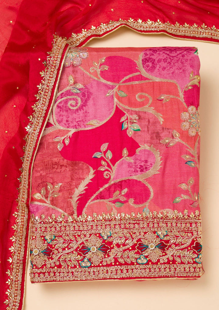 Red Cutdana Crepe Unstitched Salwar Suit-Koskii