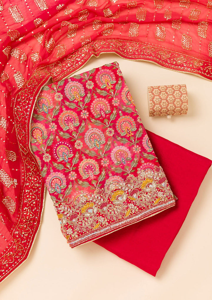 Red Cutdana Georgette Unstitched Salwar Suit-Koskii