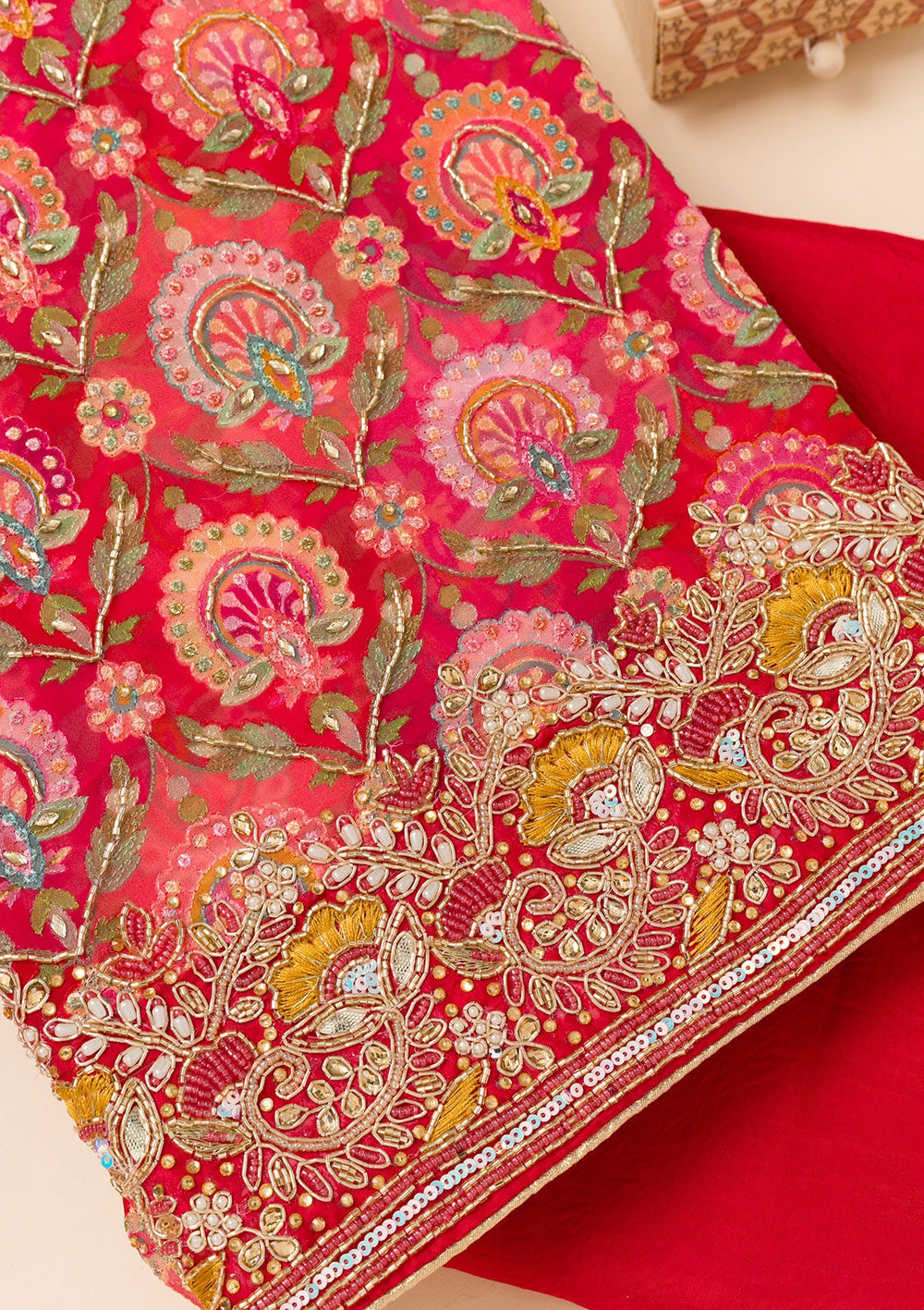 Red Cutdana Georgette Unstitched Salwar Suit-Koskii