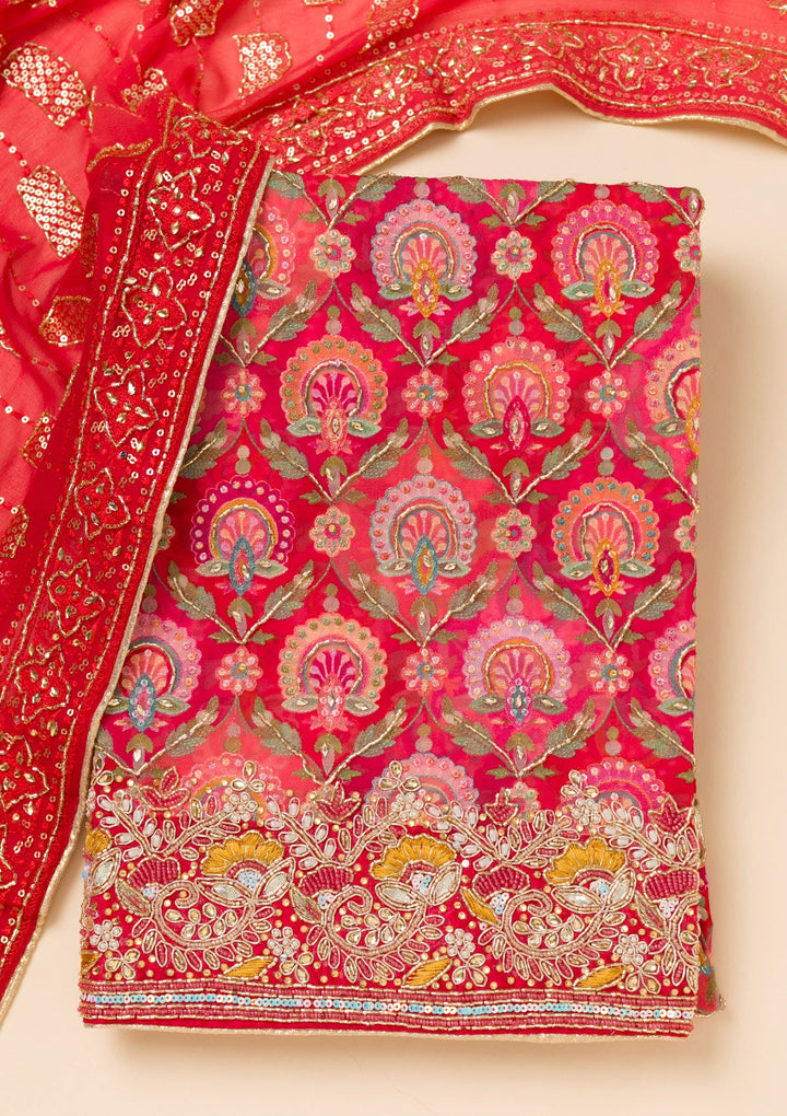 Red Cutdana Georgette Unstitched Salwar Suit-Koskii