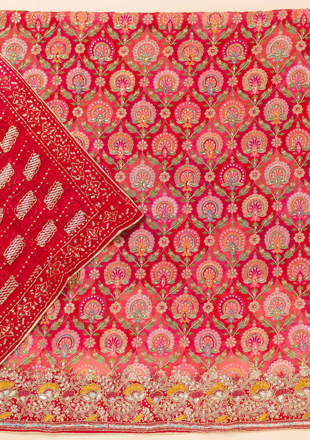 Red Cutdana Georgette Unstitched Salwar Suit-Koskii