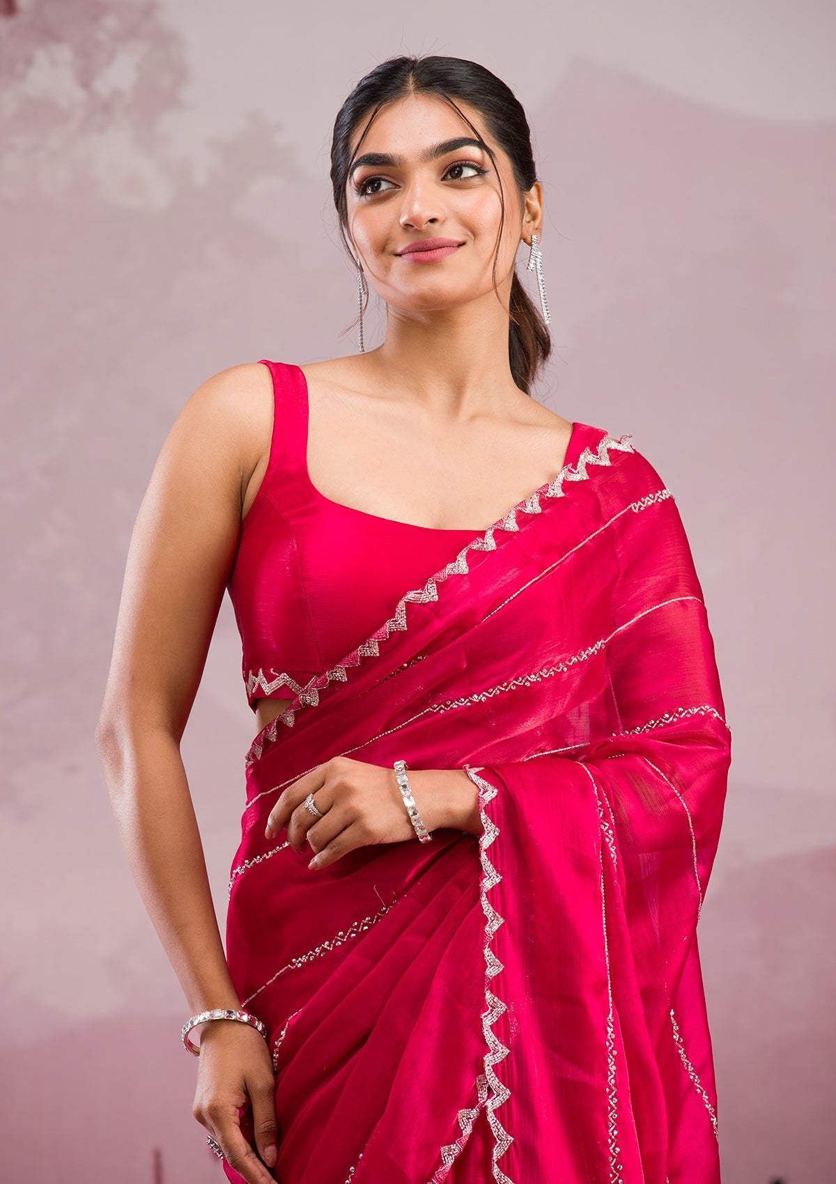 Red Cutdana Georgette Saree-Koskii