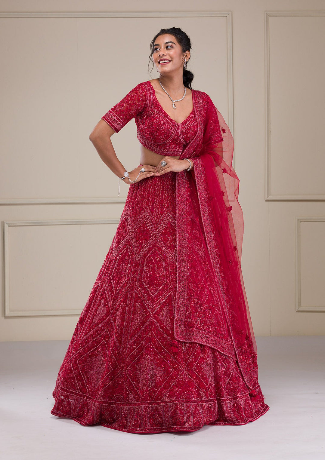 Red Cutdana Net Readymade Lehenga-Koskii