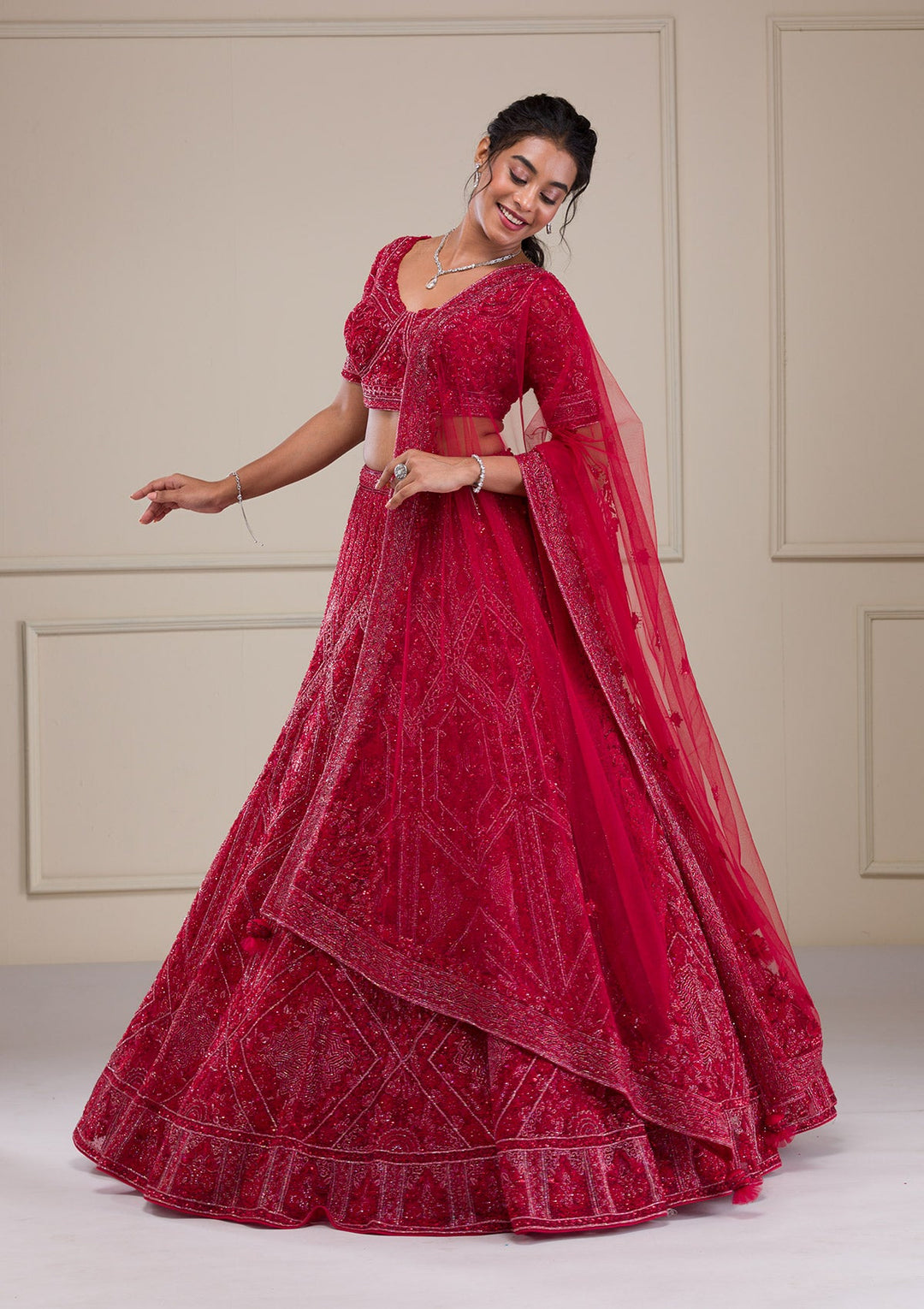 Red Cutdana Net Readymade Lehenga-Koskii