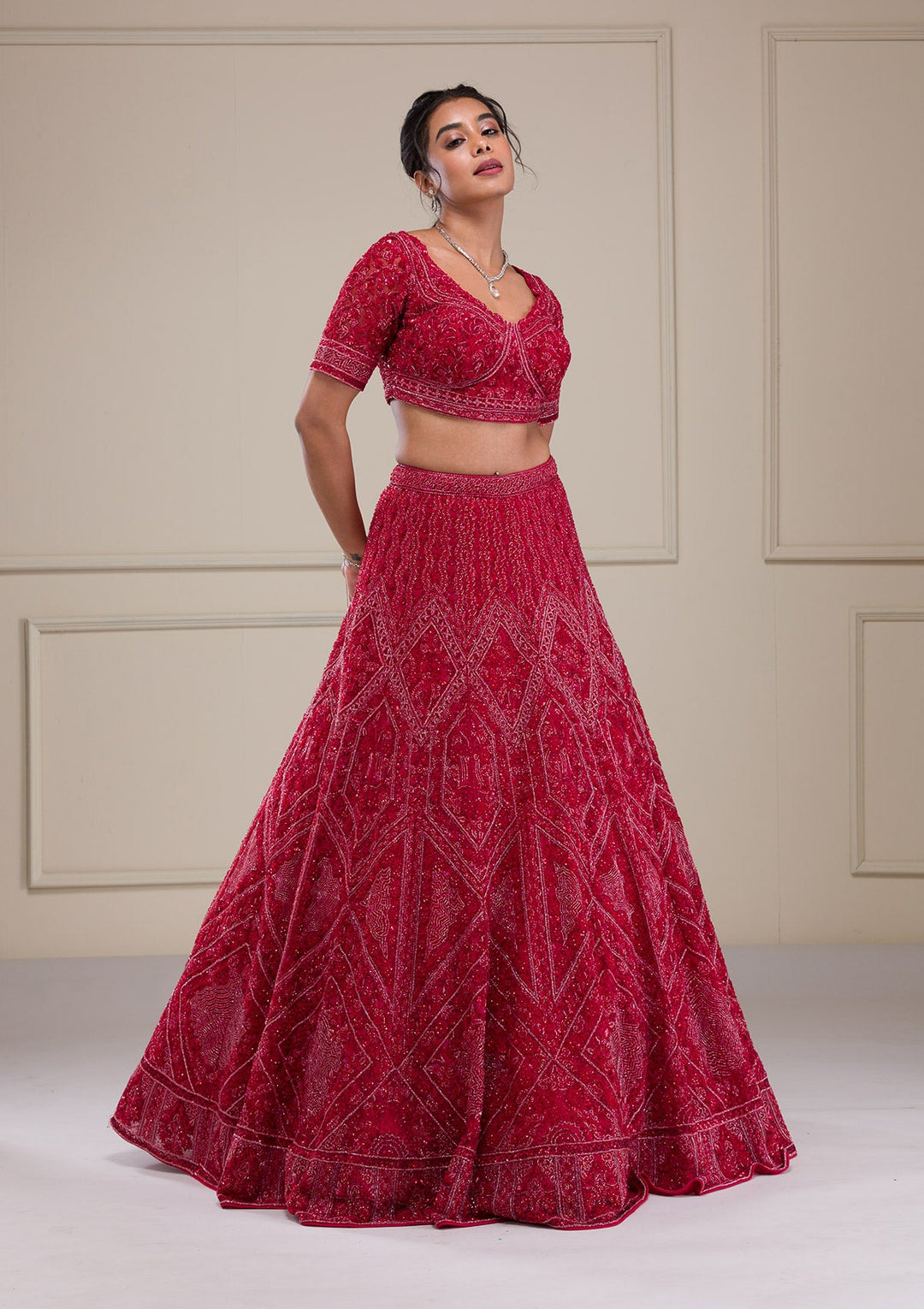 Red Cutdana Net Readymade Lehenga-Koskii