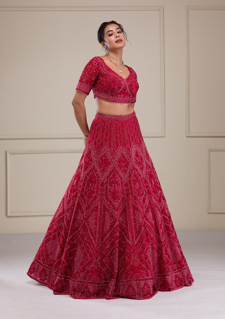 Red Cutdana Net Readymade Lehenga-Koskii
