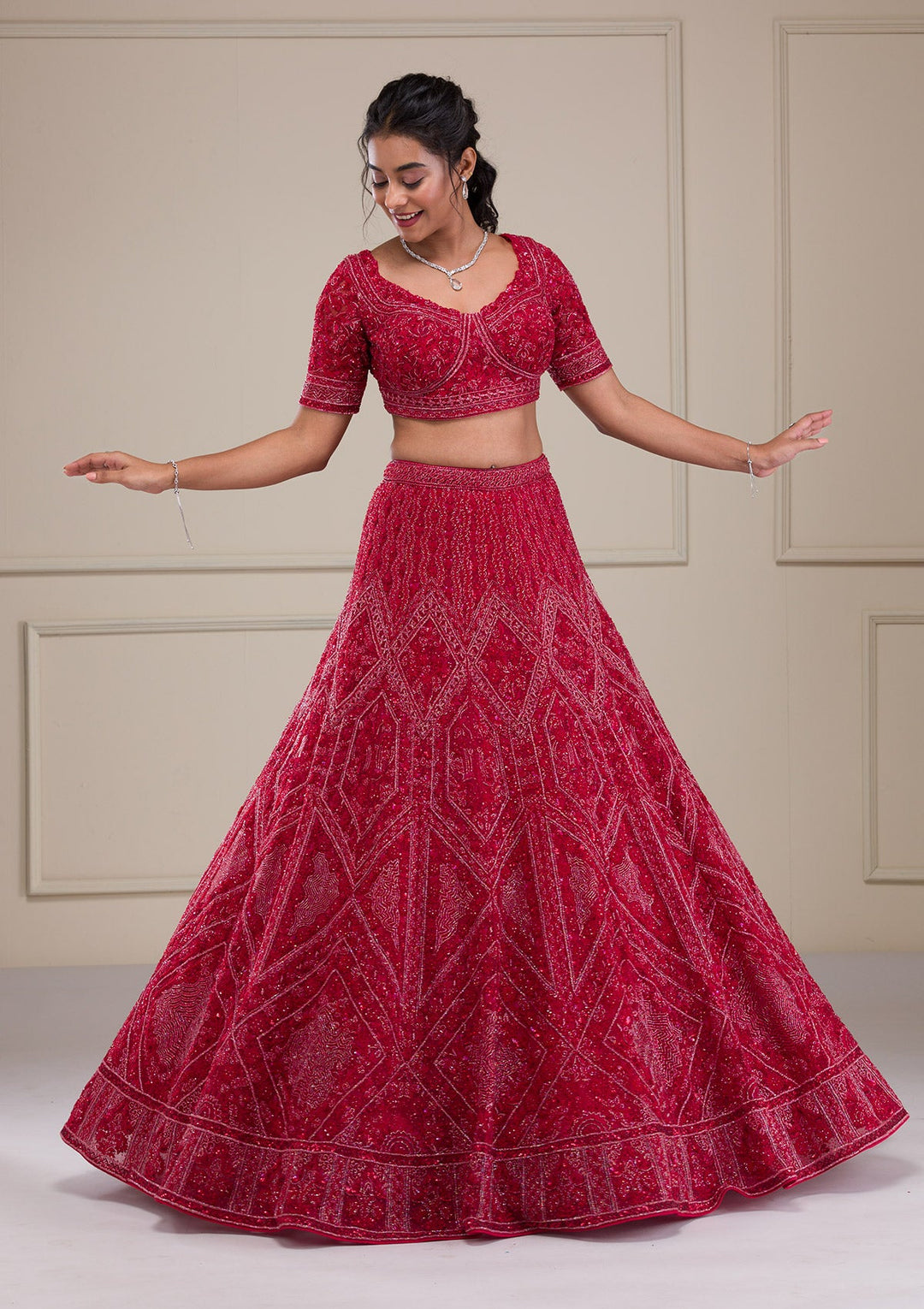 Red Cutdana Net Readymade Lehenga-Koskii