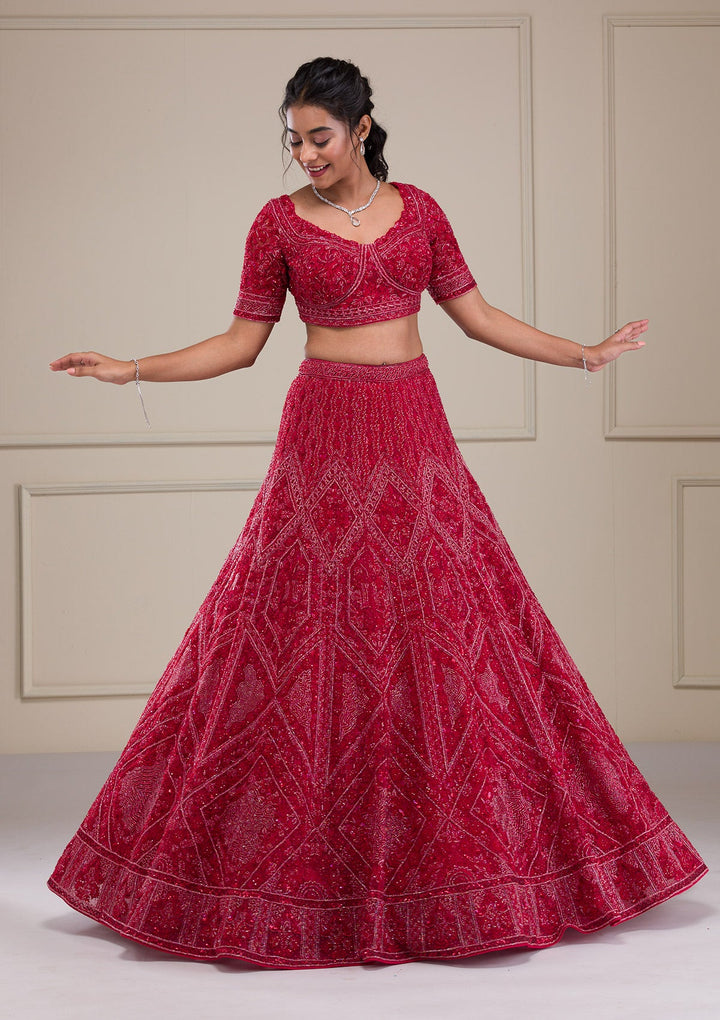 Red Cutdana Net Readymade Lehenga-Koskii