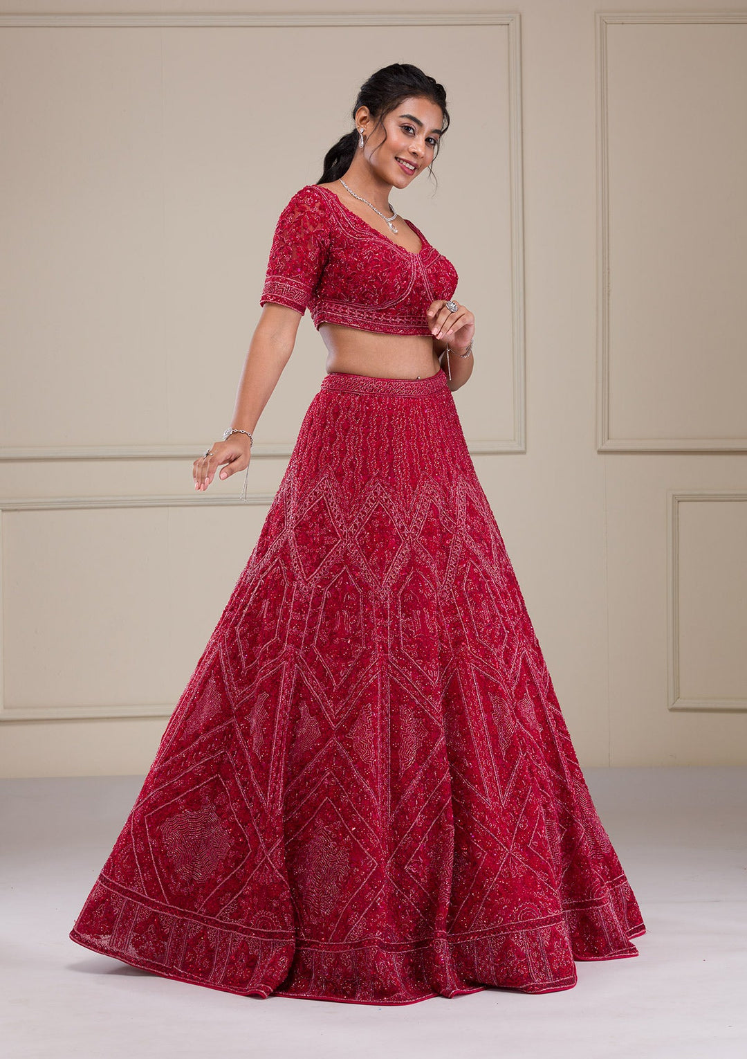 Red Cutdana Net Readymade Lehenga-Koskii