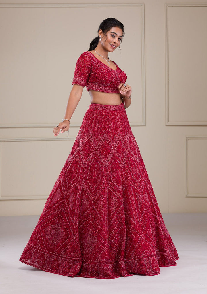 Red Cutdana Net Readymade Lehenga-Koskii