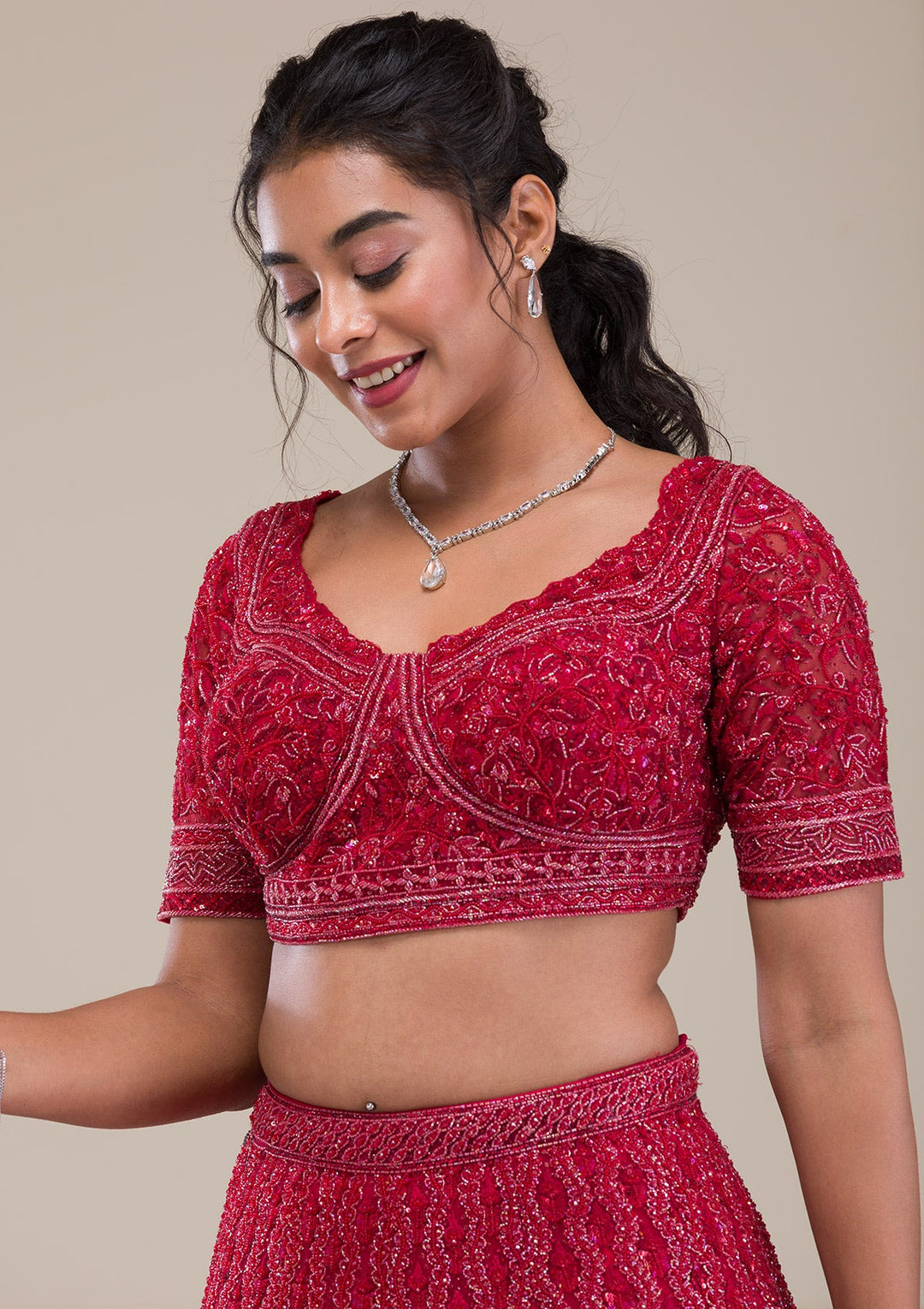 Red Cutdana Net Readymade Lehenga-Koskii