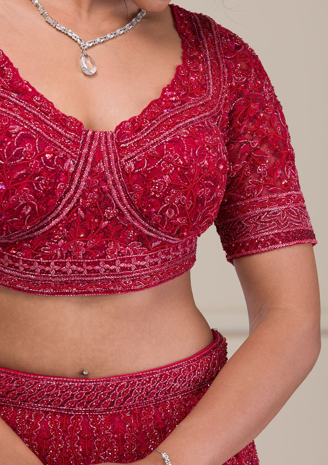 Red Cutdana Net Readymade Lehenga-Koskii