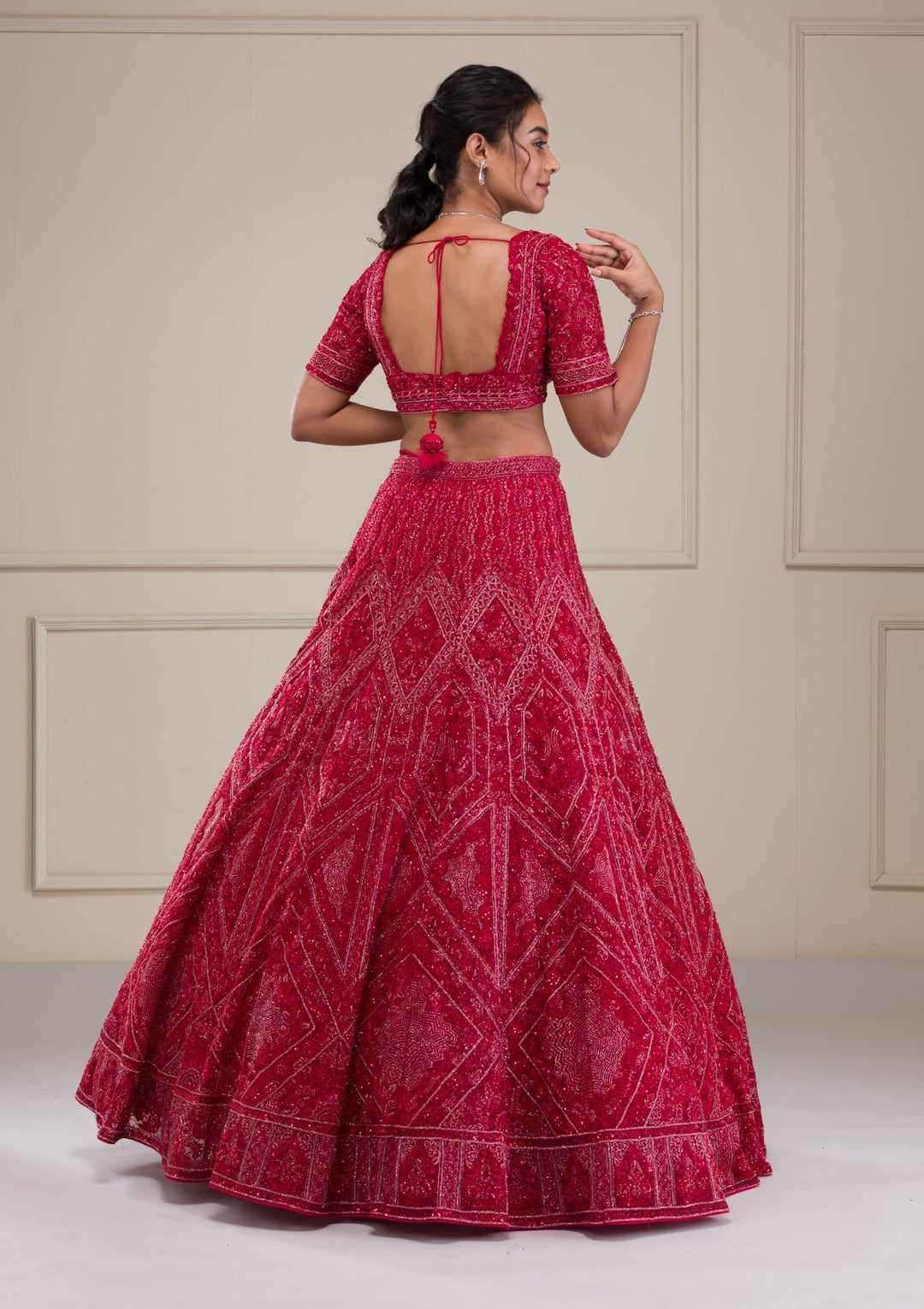 Red Cutdana Net Readymade Lehenga-Koskii