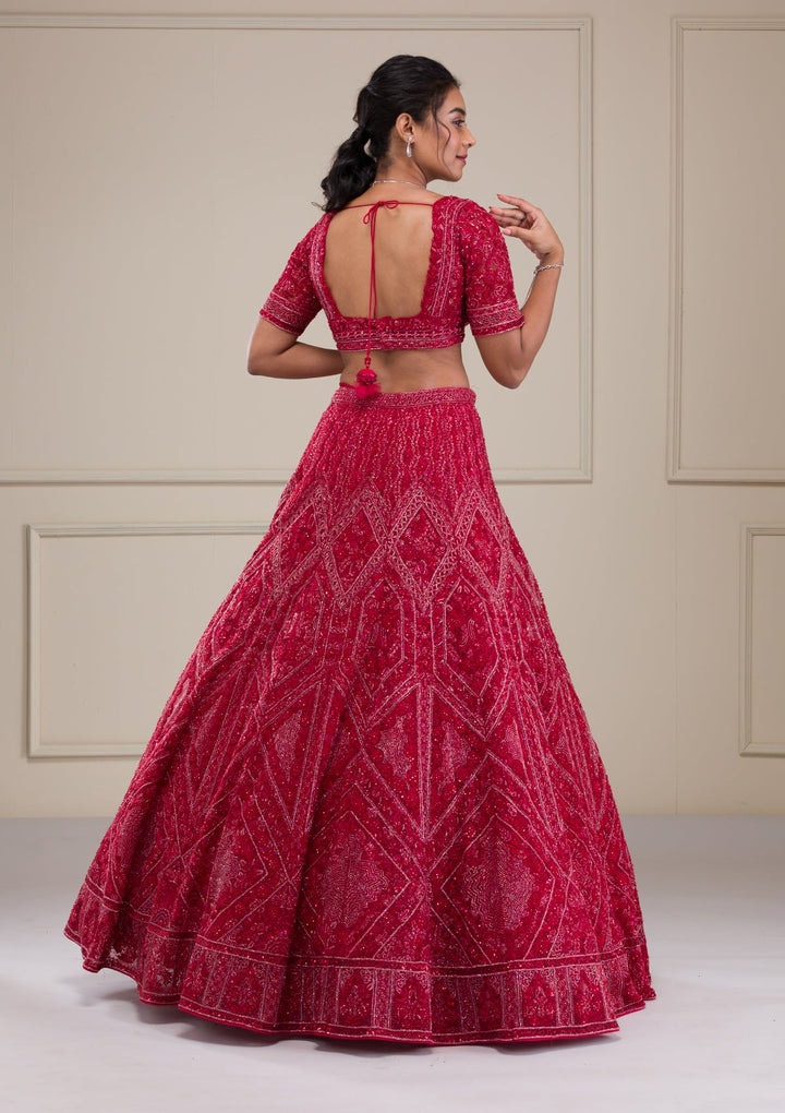 Red Cutdana Net Readymade Lehenga-Koskii