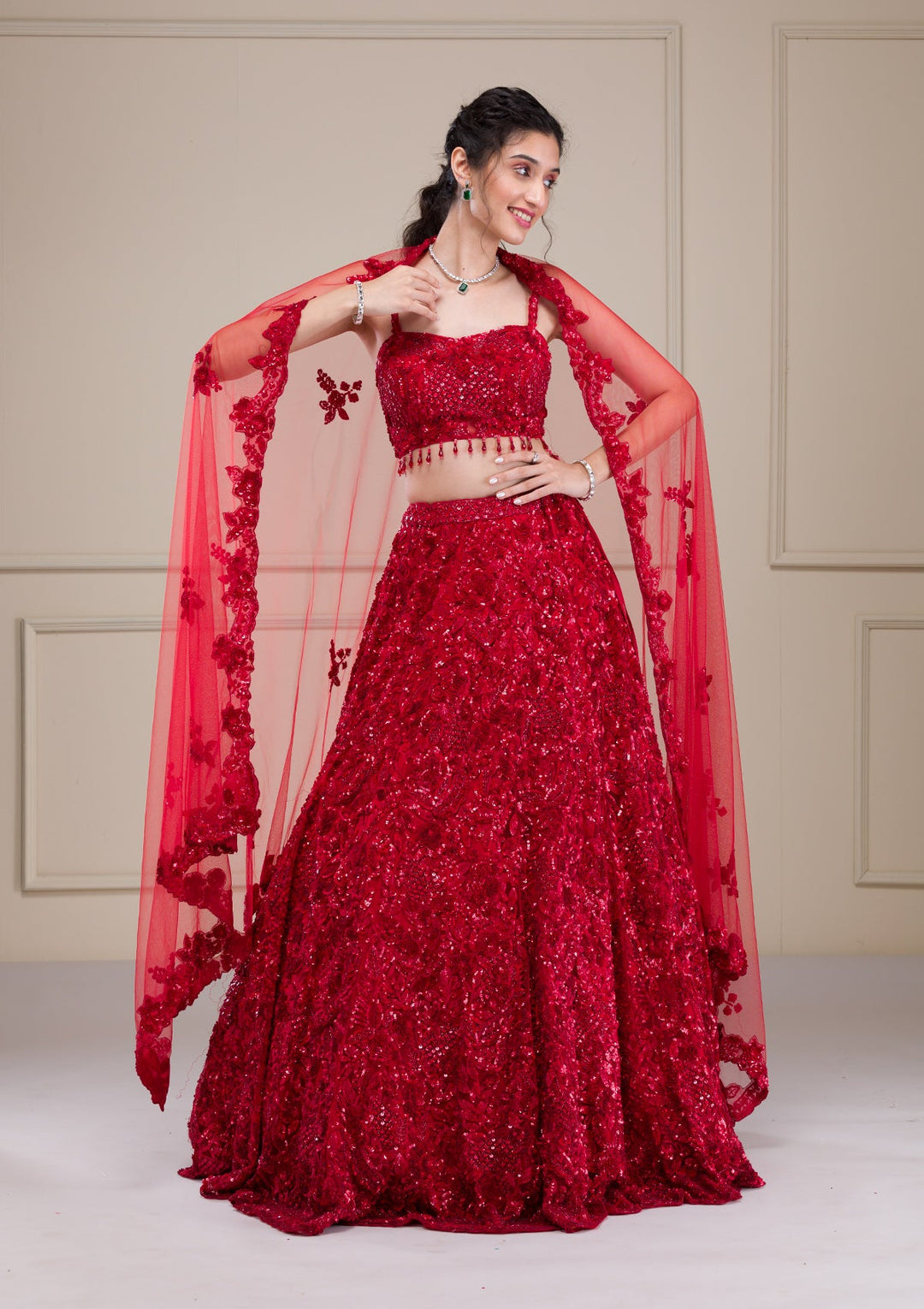 Red Cutdana Net Readymade Lehenga-Koskii