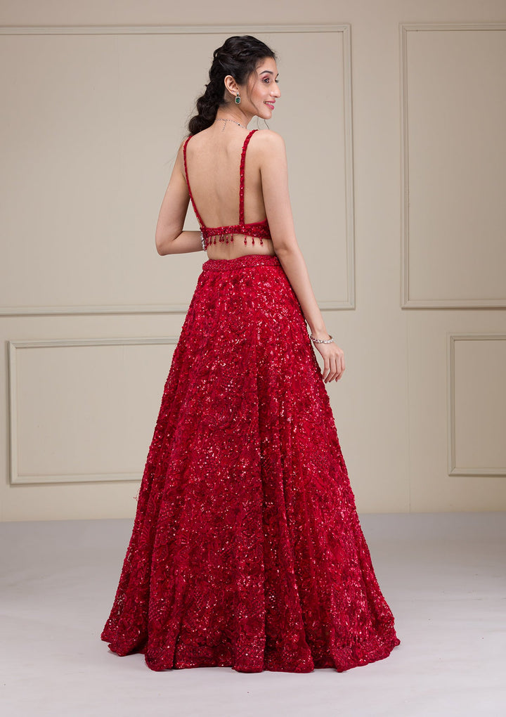 Red Cutdana Net Readymade Lehenga-Koskii