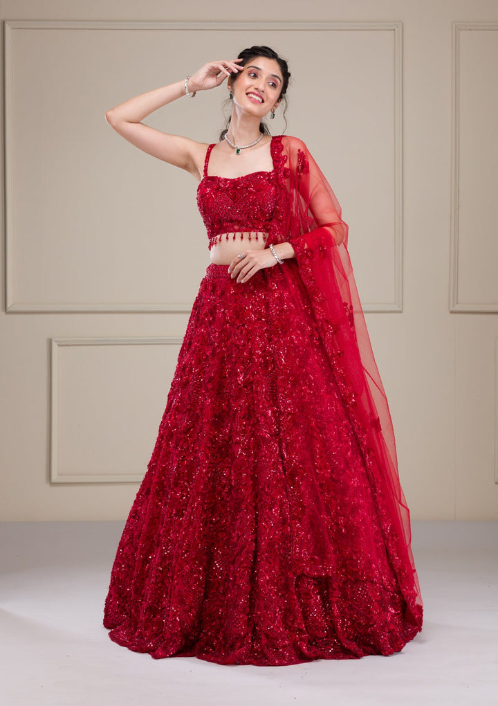 Red Cutdana Net Readymade Lehenga-Koskii